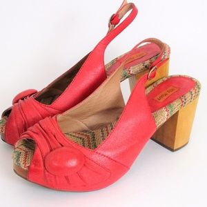 Miz Mooz 9 Violin Red Leather Block Heels Peep Toe